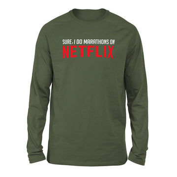 Sure, I Do Marathons On Netflix Men/Unisex Drop Shoulder Sweatshirt in Military Green color